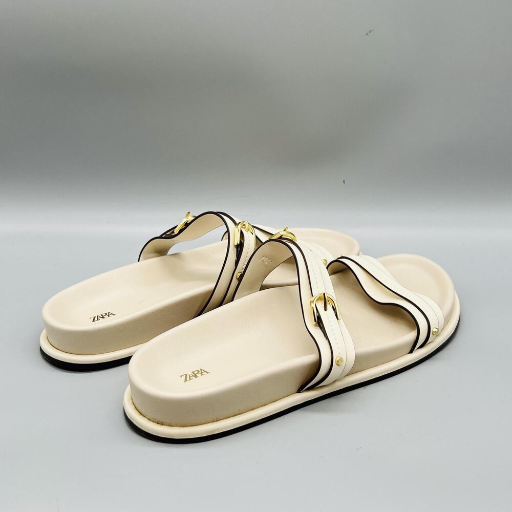 Zara Sandals Womens 8 White Faux Leather Strappy Buckle Slide Flat Shoes Comfort - Picture 7 of 11